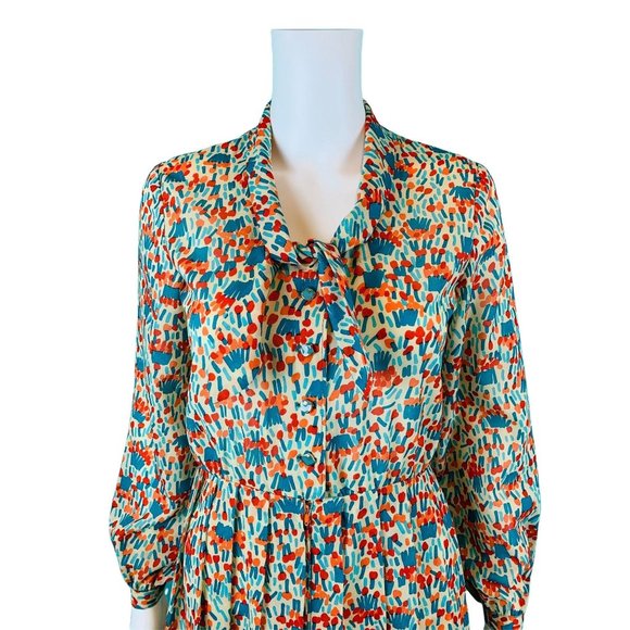 Vintage 1980s Silk Shirtdress Necktie Red Orange Blue Artistic Printed Dress - Picture 3 of 10